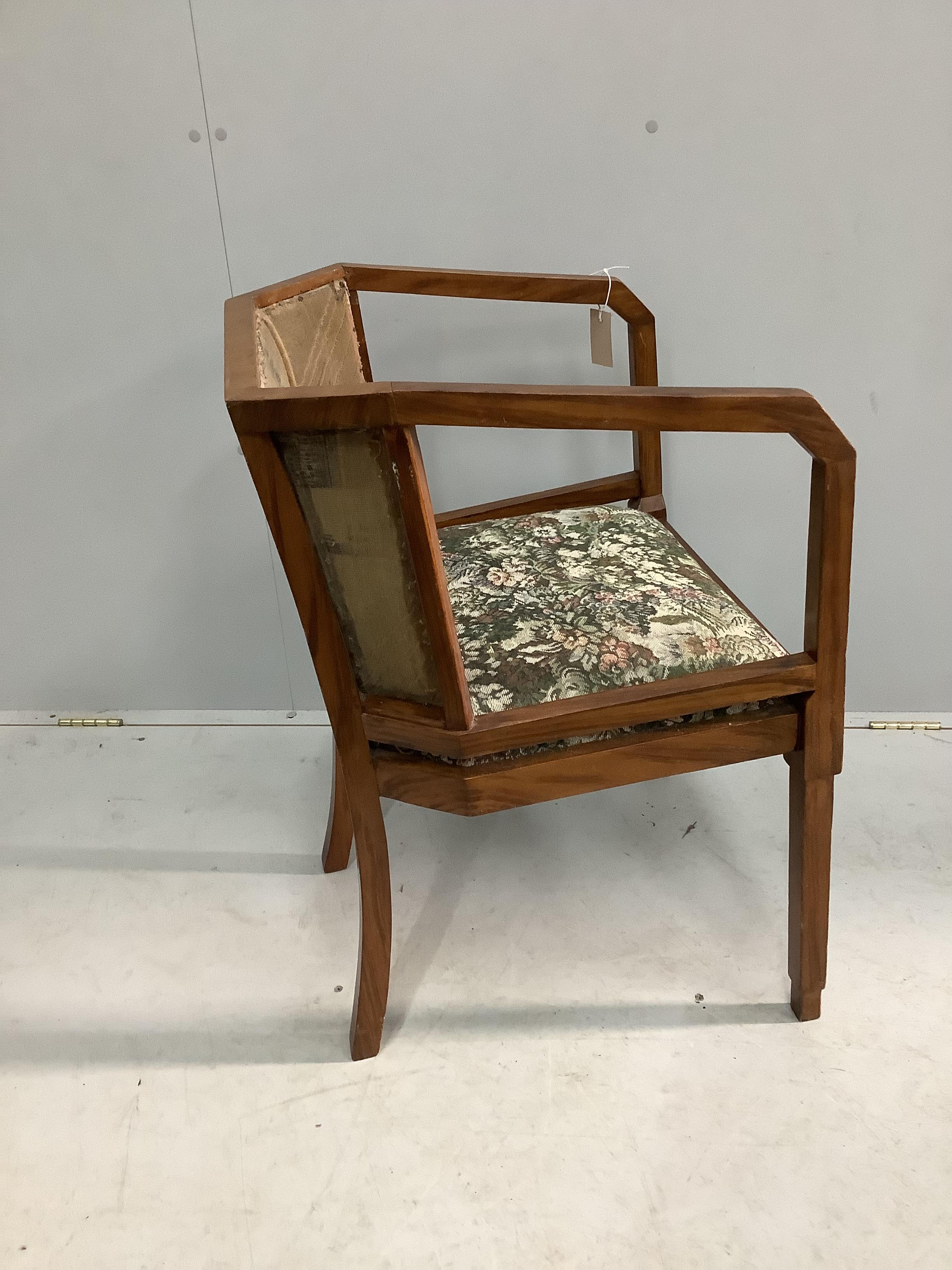 An Art Deco walnut elbow chair, width 53cm, depth 53cm, height 79cm